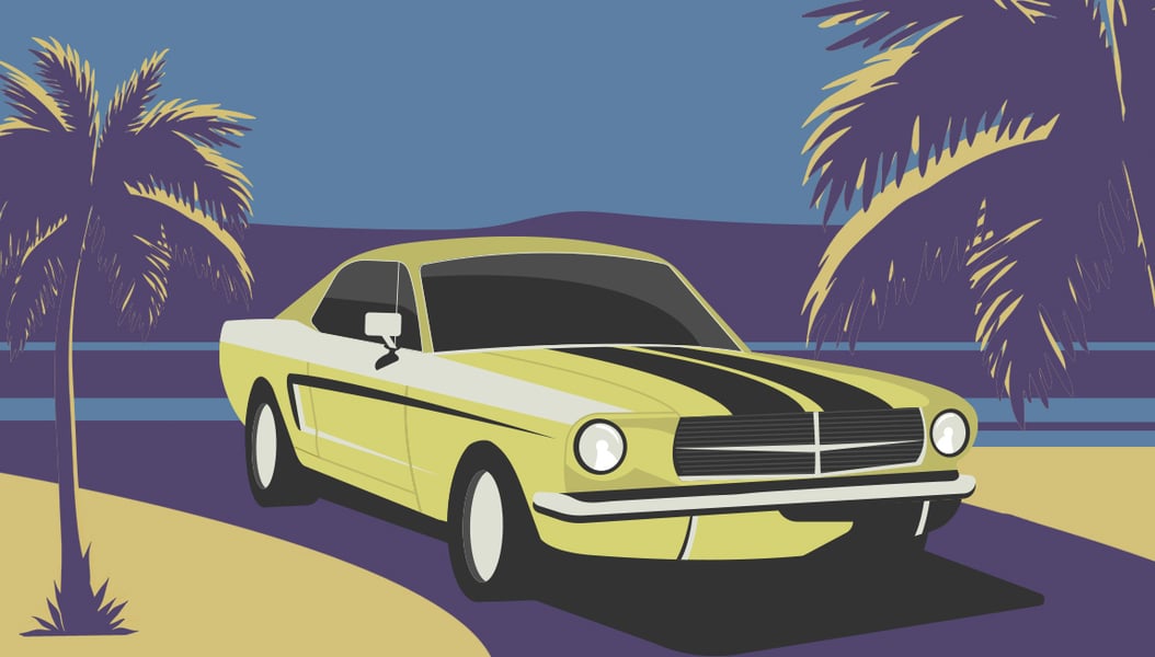 Graphic of a classic car at the beach with palm trees